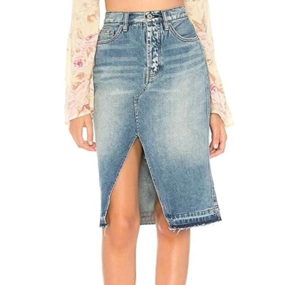 Free People We The Free Suzanne Distressed Blue Denim Skirt A Line Midi Size 30 - Picture 12 of 13